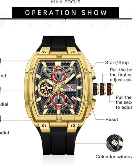 MF MINI FOCUS Men's Watch Analog Fashion Wrist Watch, Skeleton Tonneau Watch for Men with Chronograph,Ideal for Sports Enthusiasts and Daily Wear