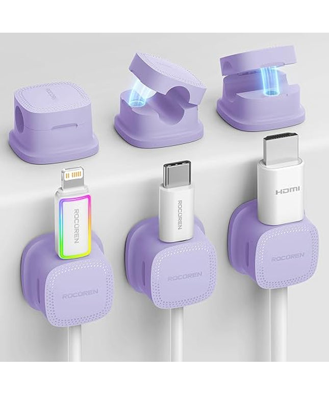 6 Pack Cable Management Cord Organizer, Magnetic Cable Clips-1s Lock, Rocoren Desk Adhesive Cord Cable Clip Wire Holder Keeper for Phone Charger Wire, Nightstand, Car, Office, Desktop Accessory,Purple