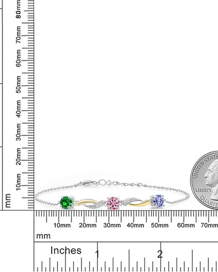 Customized and Personalized 3-Stone Tennis Bracelet For Women | 925 Sterling Silver and 10K Yellow Gold | Gemstone Birthstones and White Lab Grown Diamond | 7 Inch | With 1 Inch Extender