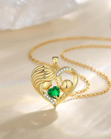 FANCIME Mom Birthstone Necklace Mother and Child Love Heart Necklace I Love You Mom Gifts Mothers Day Birthstone Jewelry Gifts for Grandmother Women Wife, 16"+2" Inches