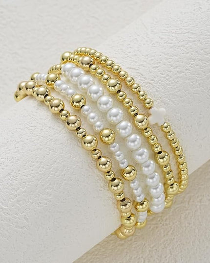 Gold Beaded Bracelets for Women, 14K Real Gold Plated Jewelry for Women Dainty Pearl Bead Bracelets Stack, Non Tarnish Trendy Stackable Ball Cross Stretch Bracelet Set Fashion Accessories Gifts