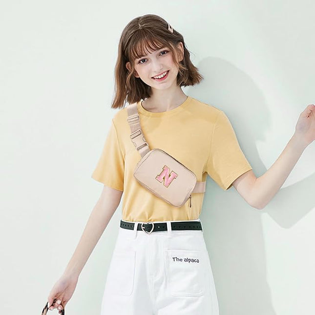 Gitus Belt Bag Fanny Pack Crossbody Bags with Initial Letter Patch Cute Stuff Birthday Gifts for Teenager Girls Trendy Preppy Stuff for Teen Girls(Beige-N)