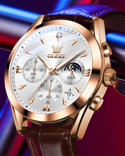 OLEVS Men's Watches Leather Strap Analog Quartz Watch, Fashion Big Dial Date Waterproof Watch, Dress Luxury Luminous Men Watches