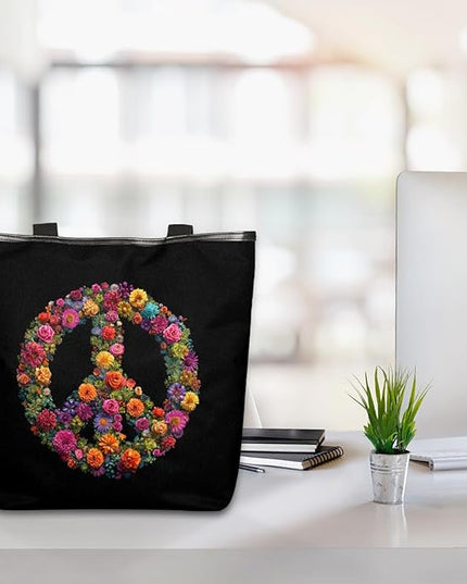 Pardick Canvas Tote Bags, Peace Symbol Flower Tote Bag Eco Friendly Reusable Grocery Shopping Bagsfor Beach, Books, Women with Zipper Inner Pocket