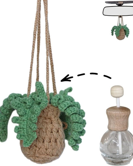 Handmade Crochet Hanging Car Air Freshener - Botanical Fern Leaf Design with 12ml Refillable Glass Essential Oil Bottle, Long-Lasting Car Diffuser & Nature-Inspired Decor