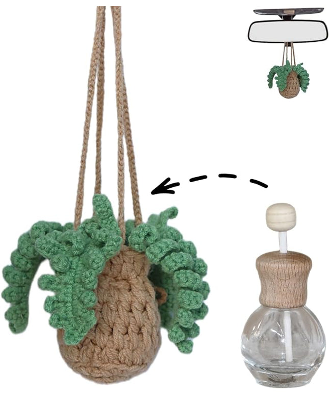 Handmade Crochet Hanging Car Air Freshener - Botanical Fern Leaf Design with 12ml Refillable Glass Essential Oil Bottle, Long-Lasting Car Diffuser & Nature-Inspired Decor