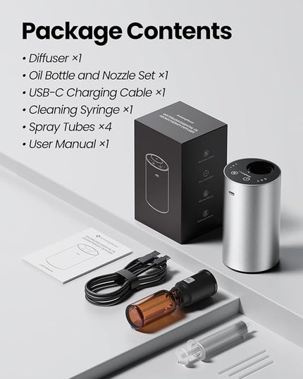 Waterless Essential Oil Diffuser, Rechargeable Scent Diffusers with 3 Mist Levels & Timers, Portable Aromatherapy Diffuser for Home Car Room Studio Office, Silver Metal