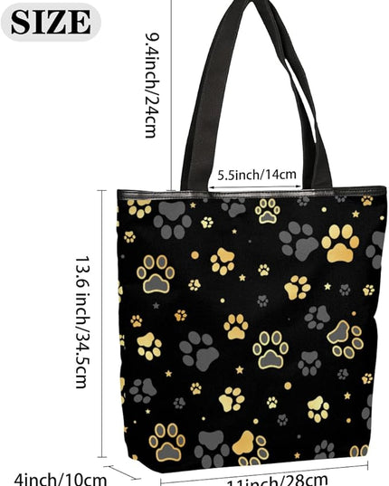 Pardick Black Paw Printed Canvas Tote Bag, Eco Friendly Cute Reusable Grocery Shopping Bags Beach Bag Book Tote Handbags Washable Shoulder Bags With Zipper Inner Pocket for Women Girls