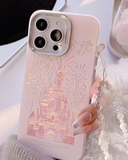 for iPhone 13 Pro Max Case, Deluxe Fashion Pink Case with Laser 3D Fireworks Castle Design, Premium Case with Bracelet, PC+TPU Shockproof and Drop Resistant for Women and Girls 6.7