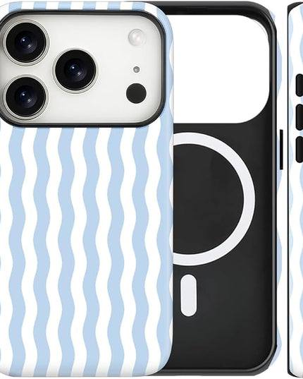 Magnetic for iPhone 17 Pro Case Cute Wavy Stripes Phone Case, Shockproof Slim TPU and Hard PC Protective Phone Cover Compatible with MagSafe Designed for Women Girls, Blue