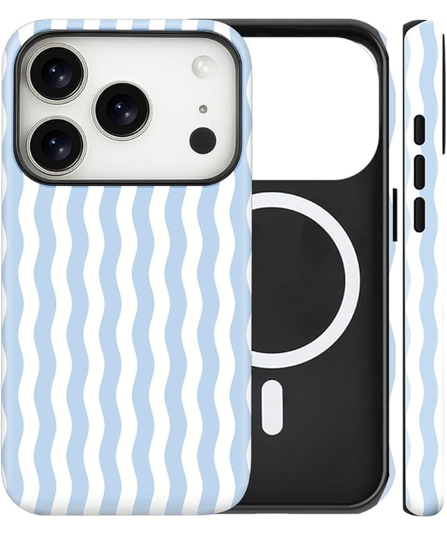Magnetic for iPhone 17 Pro Case Cute Wavy Stripes Phone Case, Shockproof Slim TPU and Hard PC Protective Phone Cover Compatible with MagSafe Designed for Women Girls, Blue