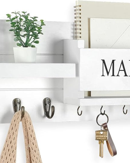 Lwenki Mail Organizer for Wall Mount – Key Holder with Shelf Includes Letter Holder and Hooks for Hallway Farmhouse Decor – Rustic Wood with Flush Mounting Hardware (16.5” x 9.1” x 3.4”) (White)