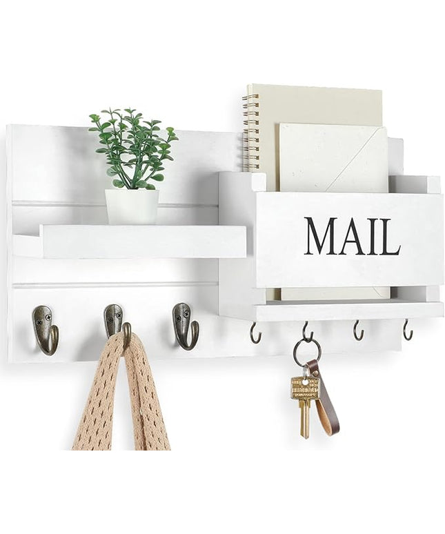 Lwenki Mail Organizer for Wall Mount – Key Holder with Shelf Includes Letter Holder and Hooks for Hallway Farmhouse Decor – Rustic Wood with Flush Mounting Hardware (16.5” x 9.1” x 3.4”) (White)