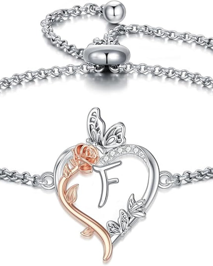 TOUPOP Gifts for Women Rose Heart Initial Bracelet 925 Sterling Silver Butterfly Letter Link Bracelet Love Jewelry Valentines Day Birthday Gifts for Her Wife Girlfriend Mom