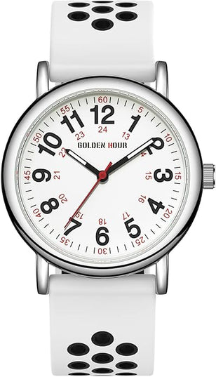 GOLDEN HOUR Waterproof Nurse Watch for Medical Professionals, Students Women Men - Military Time Luminouse Easy Read Dial, 24 Hour with Second Hand, Colorful Silicone Band