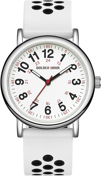 GOLDEN HOUR Waterproof Nurse Watch for Medical Professionals, Students Women Men - Military Time Luminouse Easy Read Dial, 24 Hour with Second Hand, Colorful Silicone Band