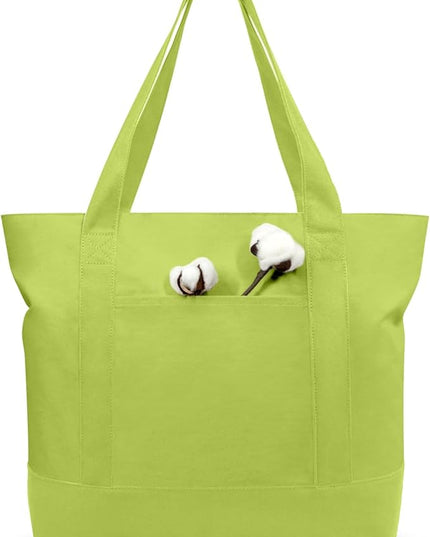 TOPDesign 1-Pack Canvas Tote Bag with an External Pocket, Reusable Grocery Shopping Bag, Top Zipper Closure, Daily Essentials (Light Green)