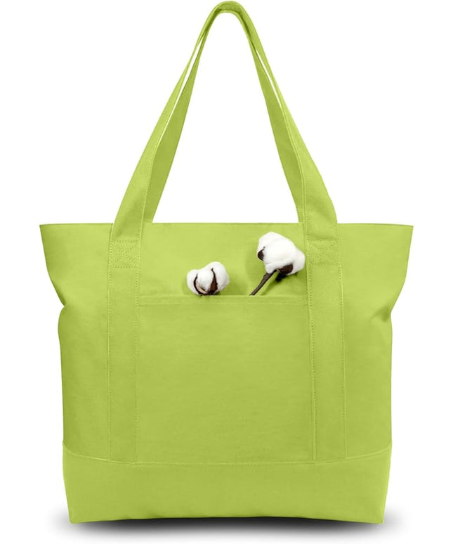 TOPDesign 1-Pack Canvas Tote Bag with an External Pocket, Reusable Grocery Shopping Bag, Top Zipper Closure, Daily Essentials (Light Green)