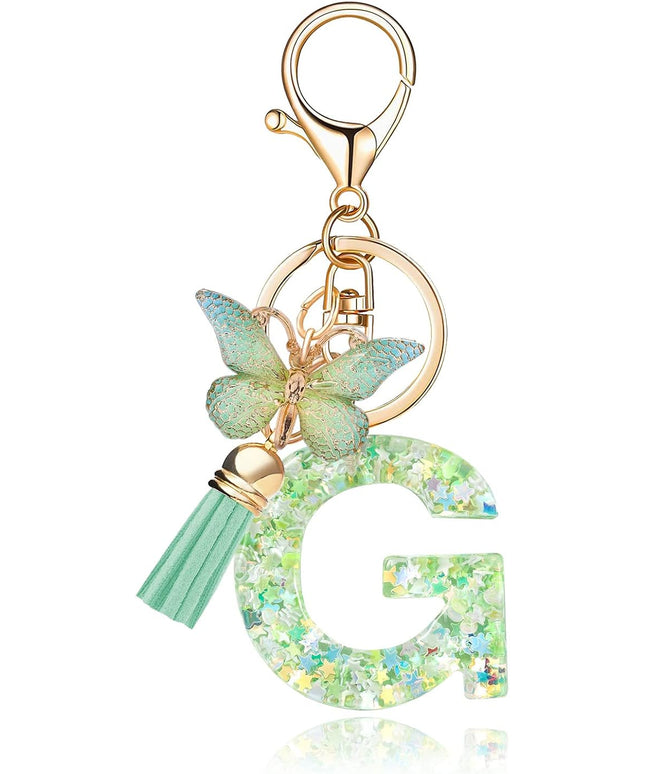 Fashion Alphabet Initial Letter Keychain Tassel Butterfly Pendant Key Ring for Purse Handbags Women Girl