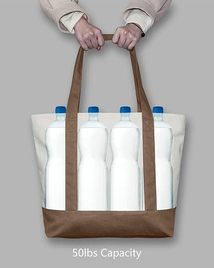 TOPDesign 6-Pack Canvas Tote Bags with an External Pocket, Reusable Grocery Shopping Bags, Top Zipper Closure, Daily Essentials (Brown/Natural)