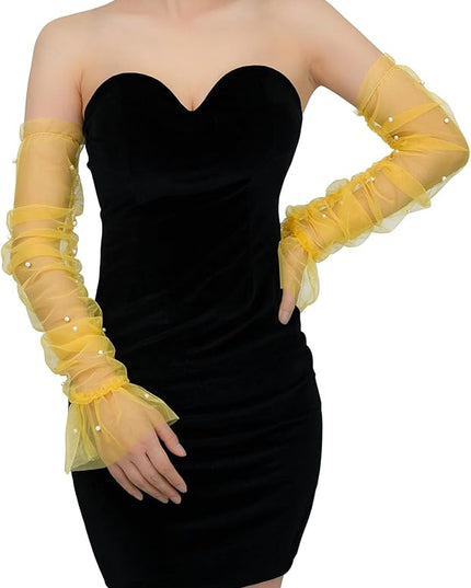 Women's Long Bridal Wedding Tulle Glove Mesh Fingerless Gloves Pearl 1920 Opera Tea Party Sheer Gloves