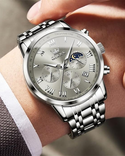 OLEVS Mens Watch Luxury Big Face Stainless Steel Analog Quartz Multifunctional Waterproof Luminous Date Two Tone Fashion Dress Wrist Watches for Man
