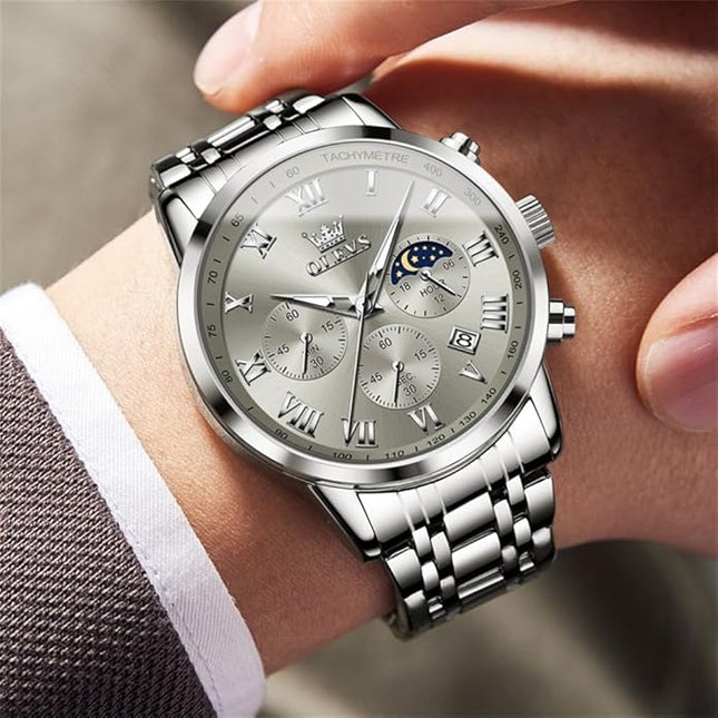 OLEVS Mens Watch Luxury Big Face Stainless Steel Analog Quartz Multifunctional Waterproof Luminous Date Two Tone Fashion Dress Wrist Watches for Man