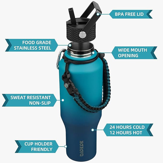 BJPKPK Insulated Water Bottles with Straw Lid, 35oz Metal Water Bottle with 2 lids & Paracord Strap, Double Wall Stainless Steel Vacuum Tumblers, Cups, Mugs, Thermo for Hot& Cold Drinks, Sea