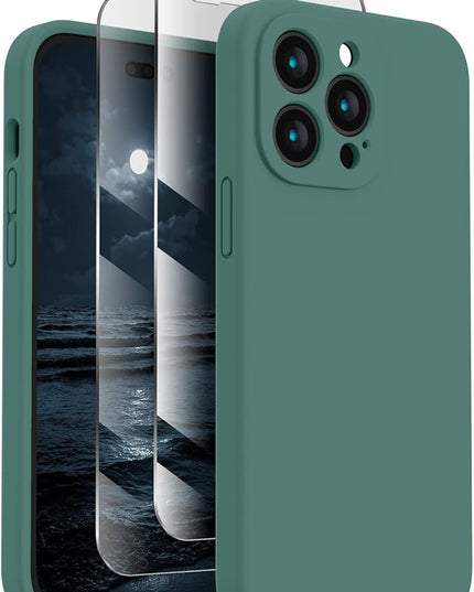 FireNova for iPhone 14 Pro Case, Silicone Upgraded [Camera Protection] Phone Case with [2 Screen Protectors], Soft Anti-Scratch Microfiber Lining Inside, 6.1 inch, Midnight Green