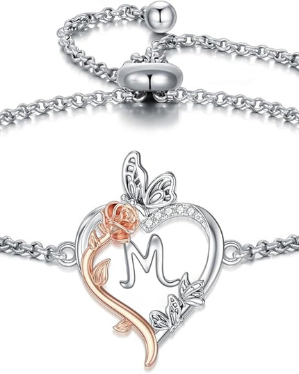 TOUPOP Gifts for Women Rose Heart Initial Bracelet 925 Sterling Silver Butterfly Letter Link Bracelet Love Jewelry Valentines Day Birthday Gifts for Her Wife Girlfriend Mom