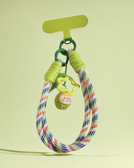 Dopamine Vibes Universal Wrist Strap - Korean-Style Short Phone Lanyard with Cute Green Durain Charm, 7mm Rope, Trendy Anti-Theft Tether for Girls, Includes Pendant & Nylon Phone Tab