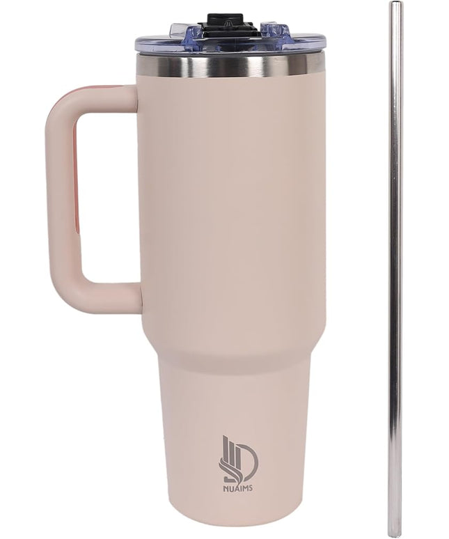 40oz Insulated Tumbler with Handle, Leakproof Straw Lid & Carry Handle - Double Wall Vacuum Insulation Keeps Ice 24 Hours, BPA Free Stainless Steel Water Bottle (Seashell)
