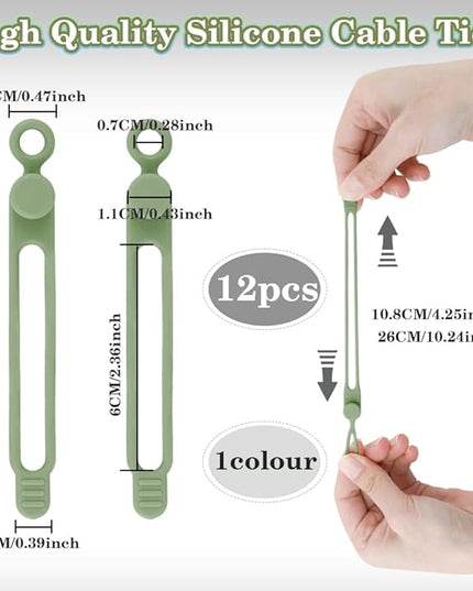 12Pcs Reusable Green Silicone Cord Ties, for Office, Home, Kitchen, School Organization of Electrical Cords, up to 20mm Diameter, 10kg Tensile Strength