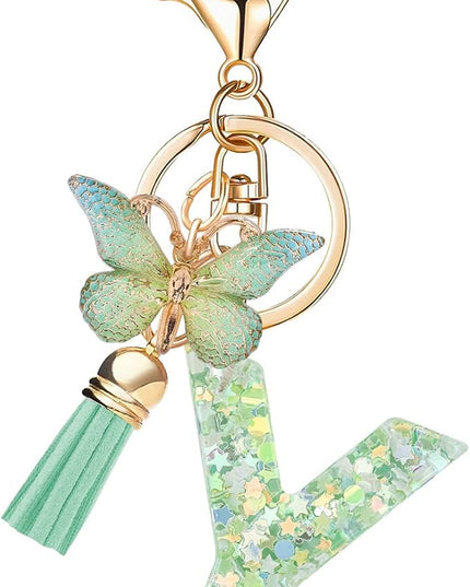 Fashion Alphabet Initial Letter Keychain Tassel Butterfly Pendant Key Ring for Purse Handbags Women Girl