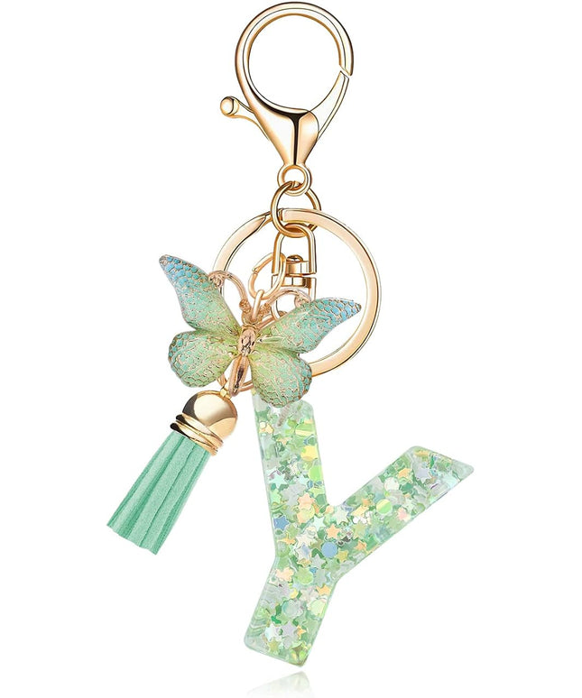 Fashion Alphabet Initial Letter Keychain Tassel Butterfly Pendant Key Ring for Purse Handbags Women Girl