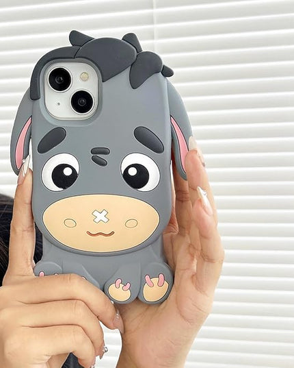 Case Compatible with iPhone 15 Pro,Cute 3D Kawaii Funny Grey Donkey Cartoon Cover with Keychain Soft Silicone Gel Drop Protector Women Girls