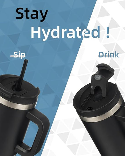 40 oz Tumbler with Handle and 2 Straws,2 in 1 Lid Insulated Water Bottle Stainless Steel Travel Coffee Mug,Black