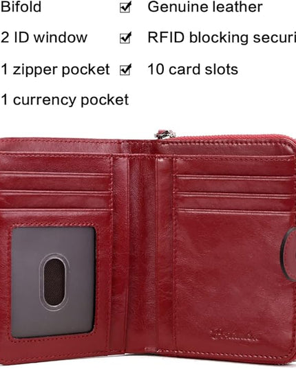 BOSTANTEN Leather Wallets for Women RFID Blocking Zipper Pocket Small Bifold Wallet Card Case Wine Red