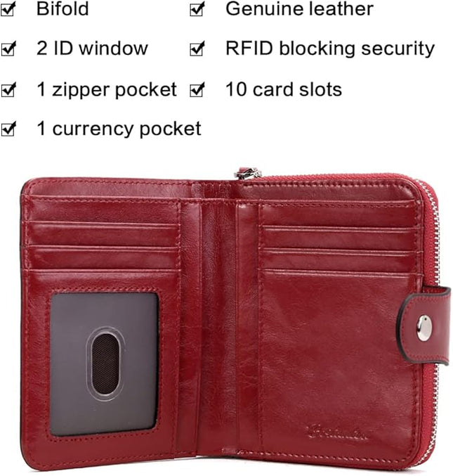 BOSTANTEN Leather Wallets for Women RFID Blocking Zipper Pocket Small Bifold Wallet Card Case Wine Red