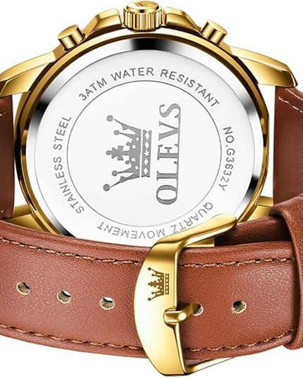 OLEVS Men's Watches Leather Strap Analog Quartz Watch, Fashion Big Dial Date Waterproof Watch, Dress Luxury Luminous Men Watches