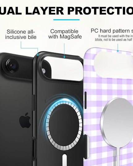 Magnetic for iPhone 17 Air Case Cute Checkered Stripes Phone Case for Women Girls, Shockproof Slim TPU and Hard PC Protective Phone Cover Compatible with MagSafe Designed, Purple