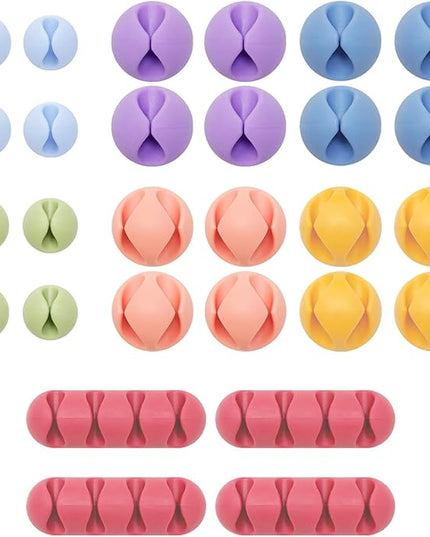 Wrap-It Storage Cable Clips - (Assorted 28-Pack) Macaron - Desk and Nightstand Cable Holder for Phone and Bedside Table Cord Organizer
