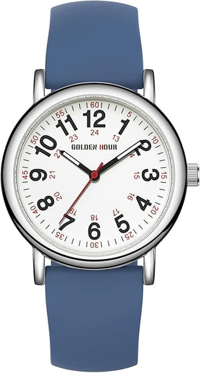 GOLDEN HOUR Waterproof Nurse Watch for Medical Professionals, Students Women Men - Military Time Luminouse Easy Read Dial, 24 Hour with Second Hand, Colorful Silicone Band
