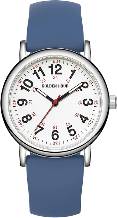 GOLDEN HOUR Waterproof Nurse Watch for Medical Professionals, Students Women Men - Military Time Luminouse Easy Read Dial, 24 Hour with Second Hand, Colorful Silicone Band