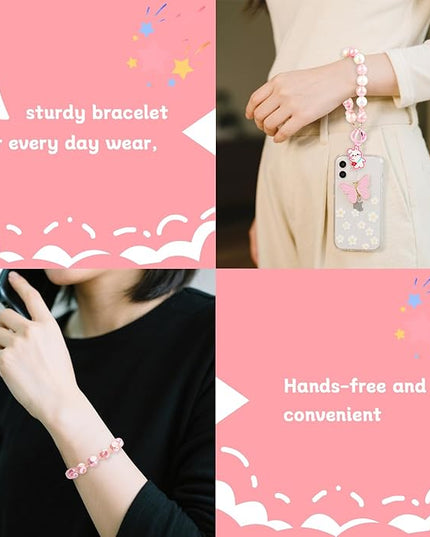 2 Pcs Phone Charm Wrist Strap with Tether Tab, Double Anti Lost Cute Beaded Wrist Lanyard, Detachable Transparent Phone Charms for Bag, Key Chains, Camera Decor