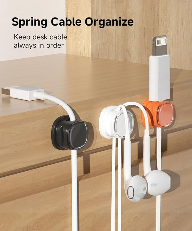 9 Pack Cord Organizer, Spring Cable Management, Adhesive Cute Cable Holder Clips, Phone Charger Wire Keeper for Desk Nightstand Car Office (9-Pack White_Orange_Black)