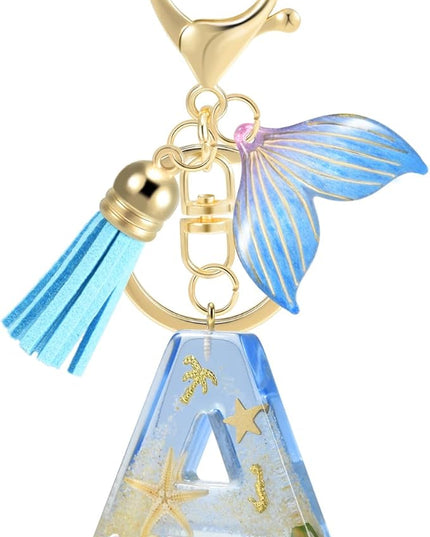 Initial letter Keychains for Women, Ocean Series Avowing Protect Earth Environment, Tassel Cute Car Keychain Initial Key Chain Keyring for Bookbag Handbag Backpack Charm Key Ring Unisex (Letter A)