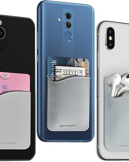 USA Merchant - Cellessentials Redesigned Card Holder - Silicone Stick on Cell Phone Wallet with Pocket for Credit Card ID Business Card - iPhone Android & Smartphones (Grey)
