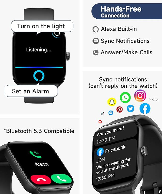 TOOBUR Smart Watch for Men Women Alexa Built-in, 1.95" Fitness Tracker with Answer/Make Calls, IP68 Waterproof/Heart Rate/Sleep Tracker/100 Sports, Fitness Watch Compatible Android iOS