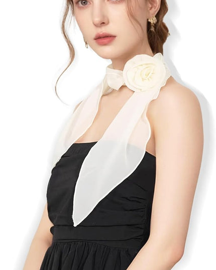 Chiffon Scarf for Women, Removable Flower Neck Scarf Light Soft Fashion Rose Scarves Versatile Headband or Hair Band